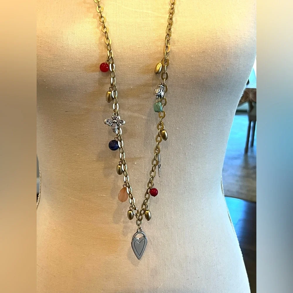 Charm Necklace Bee Heart Star Butterfly Gold Tone with Colorful Beads  Long